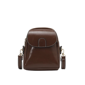 Retro dark brown crossbody phone bag with white stitching and gold metal hardware