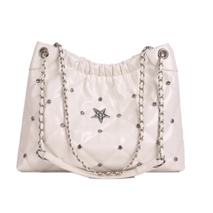 White quilted tote bag with star rhinestone badge and metal chain strap for women