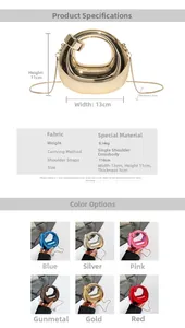 Detailed view of mini metallic dumpling bag with dimensions and various colors