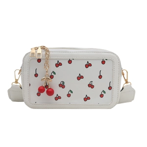 Fashionable white crossbody square bag featuring cherry prints and red cherry charm