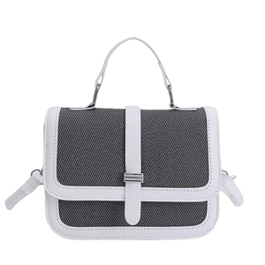 Vintage grey canvas and white leather crossbody bag with silver buckle and top handle