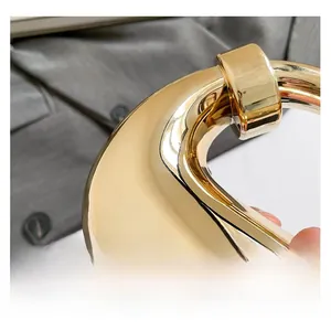Macro shot of polished gold crescent chain detail on a minimalist leather bag