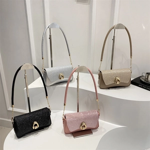 Fashion Women Shoulder Bag PU Leather Sequin Glitter Chic Underarm Crossbody Bag With Chain Strap And Gold Horseshoe Buckle