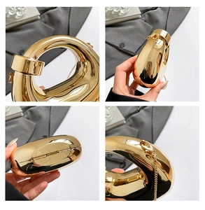 Detailed views of a sculptural gold ring bag with metallic finish and delicate chain strap