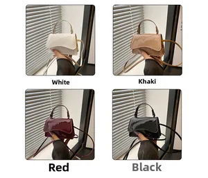 Mini glossy patent leather handbags in white, khaki, red, and black with shoulder straps