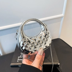 Stylish silver metallic acrylic quilted shell handbag with elegant chrome chain strap