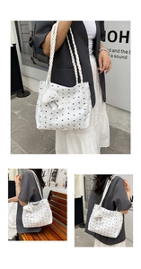 Detailed views of a white bow-patterned tote bag with a plush cloud charm and woven strap
