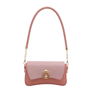 Pink PU leather and glitter shoulder bag with golden horseshoe lock and chain strap