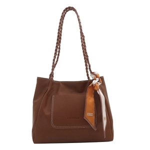 Large capacity dark brown tote bag with woven rope handles and silk scarf detail