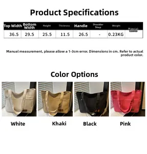 Size chart showing large canvas tote bag dimensions and four available solid colors