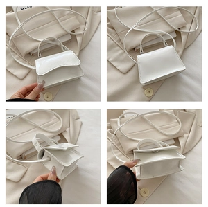 White patent leather mini bag shown in multiple angles with a glossy mirror finish