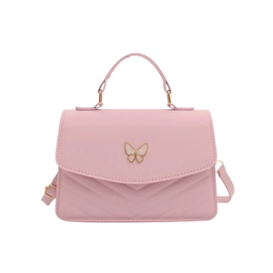 Pink quilted crossbody bag with butterfly clasp and top handle in a minimalist style