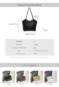 Detailed size specifications and weight chart for the large PU leather tote bag in four colors
