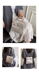 Silver metallic mini backpack with bow details and pearl charm shown in various angles