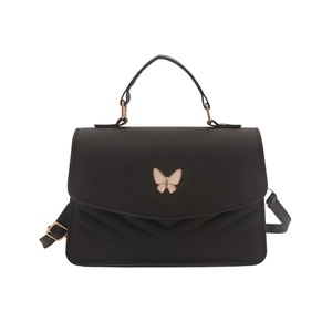 Quilted black PU leather crossbody bag with elegant gold butterfly hardware and top handle