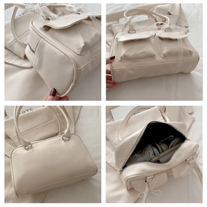 Detailed views of cream lace bow pillow bag showing pockets, interior and structure