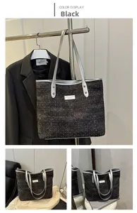 Detailed shot of large capacity black tote bag with shimmering texture and silver metal logo