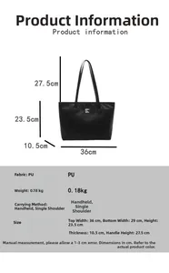 Detailed size chart for the black embossed PU leather tote bag with product dimensions