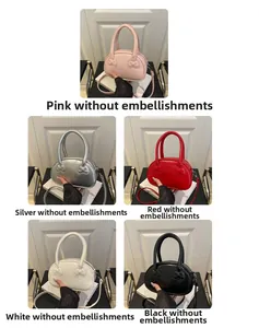 Collage of chic PU leather handbags with bow relief in pink, silver, red, white, and black