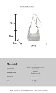 Size specifications of silver-grey embroidered shoulder bag with dimensions and strap length