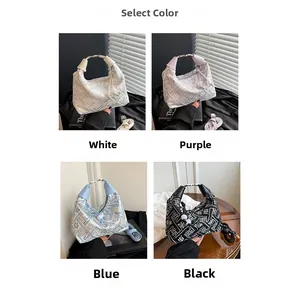 Detailed grid view of geometric jacquard shoulder bags in white, purple, blue, and black