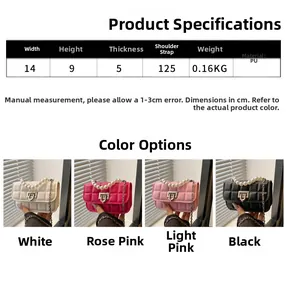 Detailed size chart and multi-color options for mini quilted PU leather handbags