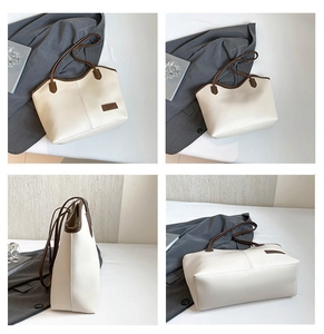 Detailed multi-angle views of a cream minimalist tote bag with dark brown straps