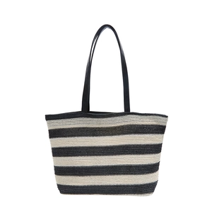 Minimalist striped woven tote bag with large capacity and slim black shoulder straps