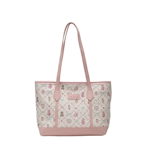 Floral cartoon print tote bag with pink leather trim and large capacity for daily commute