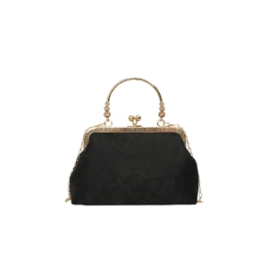 Sac à main rétro noir jacquard fleuri avec poignée circulaire en métal doré et chaîne