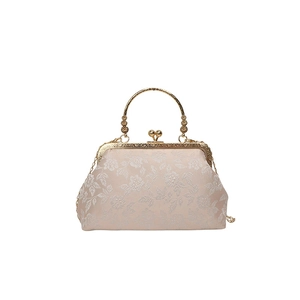 Elegant Chinese vintage embroidered floral evening handbag with golden heart clasp and handle