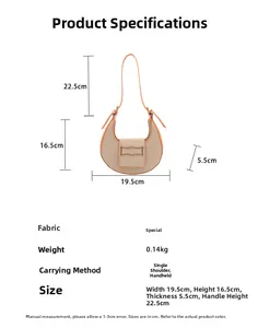 Detailed dimensions of the woven crescent moon bag with orange leather trim and metal frame