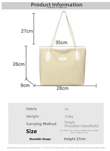 Detailed size chart for beige PU woven tote bag showing dimensions and handle height
