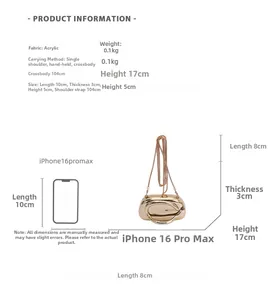 Size comparison of gold acrylic round clutch bag with iPhone 16 Pro Max