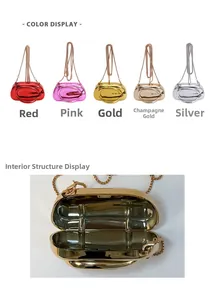 Detail view of metallic evening clutch bags in five colors with chain strap and interior