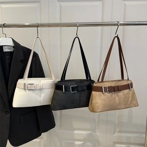 Women Retro Underarm Bag PU Leather Suede Texture Shoulder Baguette Bag With Belt Buckle Decor Silver Hardware Trendy