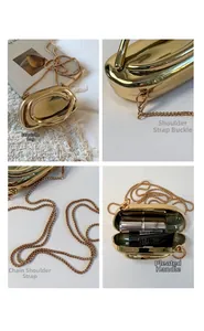 Detail of gold metallic hard shell evening clutch with pleated texture and chain strap
