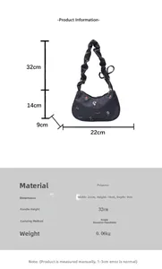 Detailed size specifications for the black floral denim shoulder bag with dimensions