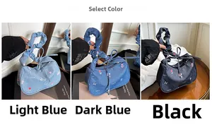 Three-color comparison of denim pleated handbags featuring floral embroidery details