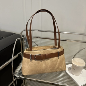 Chic khaki underarm bag with brown belt buckle detail and silver hardware strap