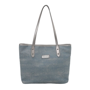 Large gray-blue glitter tote bag with silver leather handles and metallic brand plaque