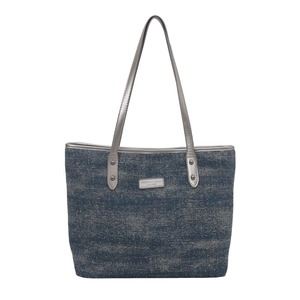 Minimalist navy blue tote bag with silver glitter texture and shoulder straps