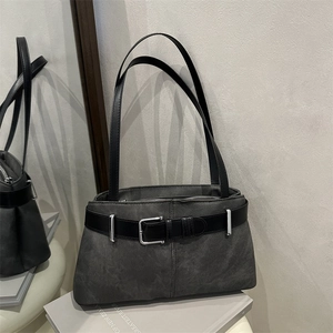 Deep grey vintage underarm bag with black leather buckle and silver square metal clasp