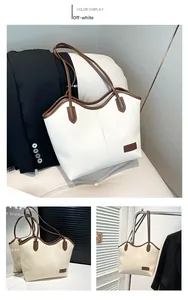 Detailed views of cream white tote bag with brown leather trim in various elegant scenes
