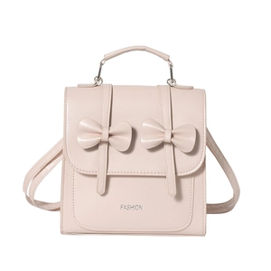 Pink faux leather college style backpack with double bows and fashion lettering
