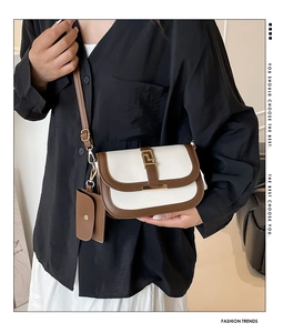 Detail of color-block saddle bag with gold buckle and matching mini coin purse hanging