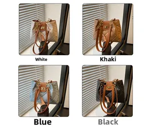 Four quilted shoulder bags in white, khaki, blue, and black with chain straps and gold locks