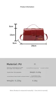 Detailed view of red patent leather crossbody bag with size specs and strap length