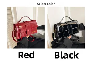 Side view of red and black patent leather mini bags with FASHION & BAGS lettering