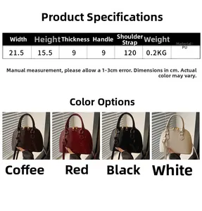 Detailed size chart and four-color collection of glossy shell shoulder bags for women